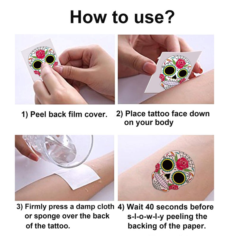 Konsait Day of the Dead Sugar Skull Tattoos(100Counts),Konsait Halloween Temporary Face Tattoos Sugar Skull Puppy Black Skeleton Web Red Roses Tattoo for kids Boys Girls Mexican Halloween Party Favor Supplies - Image 3